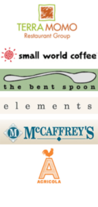 logos for terra momo, small world coffee, the bent spoon, elements, mccaffrey's, agricola